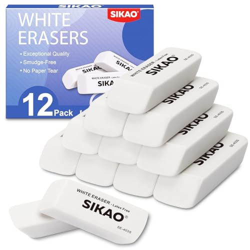 White Erasers, 12 Pack Pencil Erasers | Latex-Free & Smudge-Free Beveled Rubber Erasers for School Supplies, Classroom, Tests & Homework - style: White
