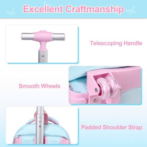 3-IN-1 Rolling Backpack for Girls with Lunch Bag Pencil case, Kawaii Backpack with Wheels for Girls, Roller School Bag with Wheels for Teen Elementary School Bookbags with Cute Pins Aquamarine-Pink - color: Aquamarine-pink