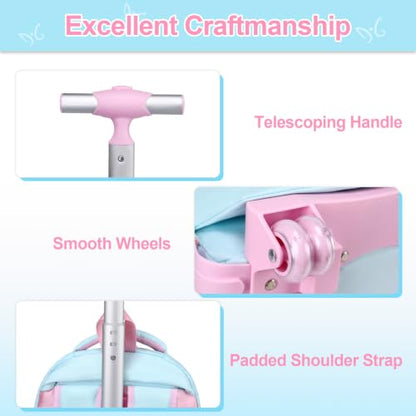 3-IN-1 Rolling Backpack for Girls with Lunch Bag Pencil case, Kawaii Backpack with Wheels for Girls, Roller School Bag with Wheels for Teen Elementary School Bookbags with Cute Pins Aquamarine-Pink - color: Aquamarine-pink