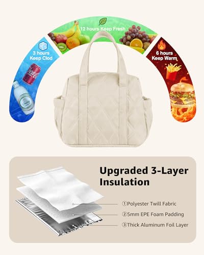 Quilted Puffer Lunch Bag for Women, Insulated Lunch Tote with Foil Lining, Leak-Resistant Reusable Lunch Cooler Bag, Roomy Soft Lunch Box for Work, School, Picnic and Travel (Off White) - color: Off-White