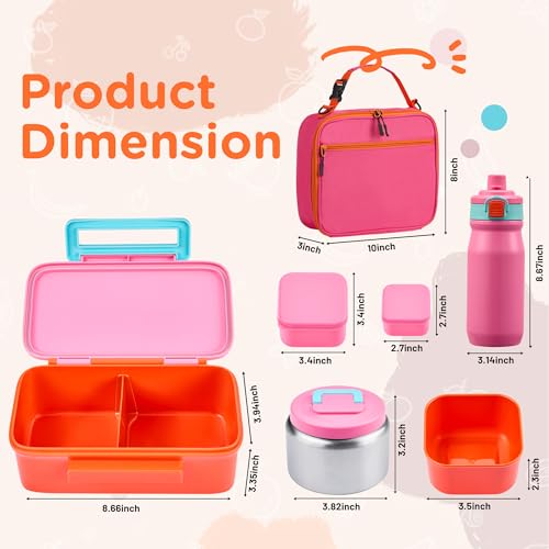 MAISON HUIS Bento Box for Kids with 8oz Soup Thermo, Insulated Lunch Bag & 17oz Water Bottle, 2-Compartment Bento Box with Built-In Ice Pack, Leak-Proof & BPA-Free (Pink) - color: Pink