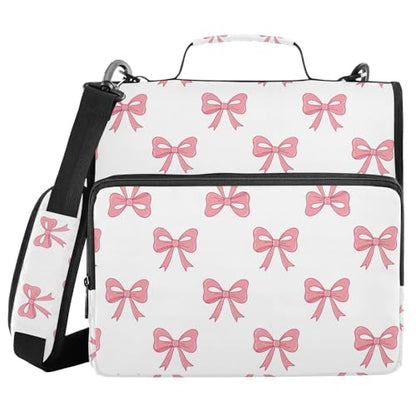 Zipper Binder Bag 3 Ring File Folder Portfolio Organizer Zippered Binder Bags with Strap Fits Laptop Women Men - color: 41-pink Bow White