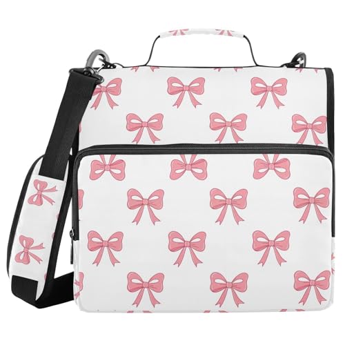 Zipper Binder Bag 3 Ring File Folder Portfolio Organizer Zippered Binder Bags with Strap Fits Laptop Women Men - color: 41-pink Bow White