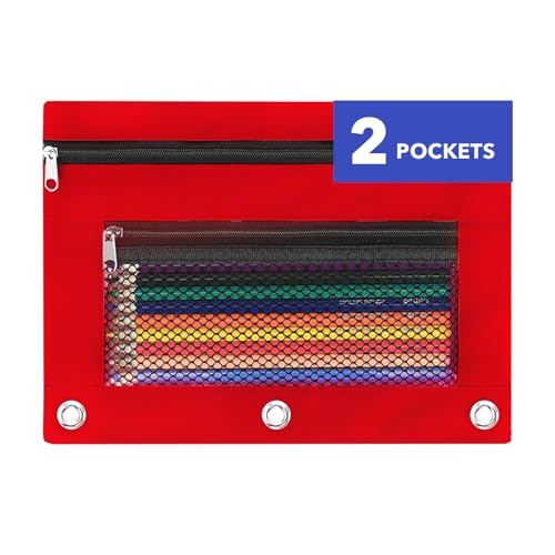 Pencil Pouch for 3 Ring Binder - 3 Hole Zipper Pen Case Bag Holder Bulk Accessories Clear Window Aesthetic Organizer Pockets (Red) - color: Red