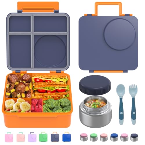 Bento Box for Kids - Leak-Proof Bento Lunch Box with Insulated Thermo Food Jar - 4 Compartments, 1 Removable Divider, 1 Spoon, 1 Fork - Dishwasher Safe, BPA-Free (Navy blue) - color: Navy Blue