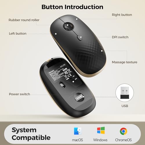 TECKNET Rechargeable Slim Portable Silent Computer 2.4 GHz Wireless Mouse | Lightweight Ambidextrous with USB-A Receiver, 4000 DPI Optical Tracking 90-Day Battery Life, Compatible with PC, Mac, Laptop - color: Black gold