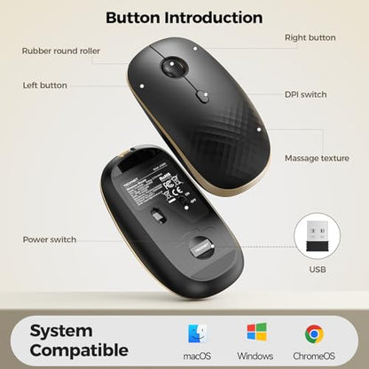 TECKNET Rechargeable Slim Portable Silent Computer 2.4 GHz Wireless Mouse | Lightweight Ambidextrous with USB-A Receiver, 4000 DPI Optical Tracking 90-Day Battery Life, Compatible with PC, Mac, Laptop - color: Black gold