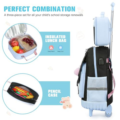 Bevalsa Rolling Backpack for Girls, 3PCS Roller School Backpacks with Lunch Box & Pen Case, Kids Bookbag Schoolbag with Wheels for Teen Girl Kindergarten Elementary Middle School - color: Black Blue