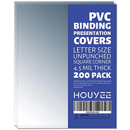 HOUYEE 200 Pack 4.5 Mil PVC Binding Presentation Covers, Clear Report Cover Sheets for Binding, Square Corner, 8.5 x11 Inches, Letter Size - size: 4.5mil,200P