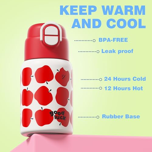 SDGA+ 22 oz Kids Water Bottle with Lid and Straw, Insulated Stainless Steel Tumbler Leak Proof, Portable Iced Travel Coffee Mug, Apple - color: Red Apple