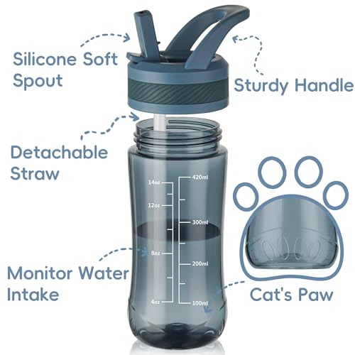 14oz Clear Kids Water Bottle with Straw Lid, BPA-Free Tritan, Measurement Scale, Sturdy Handle Wide Mouth Leak-proof Reusable Plastic Bottle for Boy& Girls, Back to School(Dark blue) - color: Dark blue