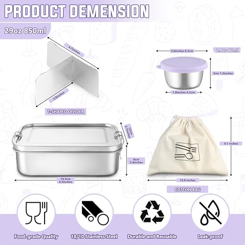 HaWare Stainless Steel Lunch Box, 29oz (850ML) with Divider | 3 Compartment, Condiment Container Included, Carrying Bag Included, Leak-Proof, Dishwasher Safe - color: Lilac Purple, size: 29oz-(850ml)