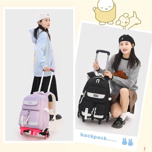 MITOWERMI Rolling Backpack for Girls, Backpack with Wheels for Girls, Kids Roller Trolley Bags Wheeled School Bookbag Purple-6 wheels - color: 6 Wheels-purple
