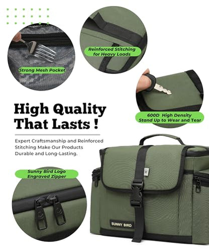 SUNNY BIRD Large Lunch Bag, Thermally Insulated Soft Cooler with Shoulder Strap for Women, Men (Khaki Green) - color: Khaki Green
