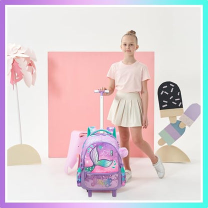 Meetbelify Mermaid Rolling Backpack for Girls Backpacks with Wheels for Elementary School Students Kids 3 in 1 Travel Luggage Suitcase with Lunch Box Pencil Case for Girls Age 8-10 - color: Mermaid 01