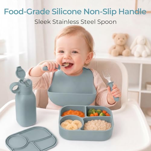 Silicone Bento Box Set for Kids with 15.2oz Straw Water Bottle, 4-Compartment Lunch Box, Kids Spoon & Fork | BPA-Free, Food-Grade, Microwave & Dishwasher Safe for Travel, School.