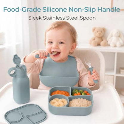 Silicone Bento Box Set for Kids with 15.2oz Straw Water Bottle, 4-Compartment Lunch Box, Kids Spoon & Fork | BPA-Free, Food-Grade, Microwave & Dishwasher Safe for Travel, School.
