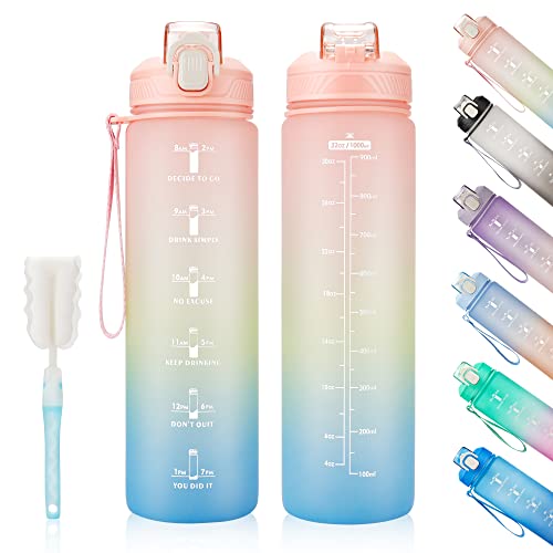 YC Kitchen Motivational Water Bottle with Time Marker- 32oz Water Bottles with Times to Drink, Leakproof & BPA Free Sports Water Bottle with Straw & Carry Strap for Fitness, Gym, and Outdoor Sports - color: Pink/Yellow/Blue Gradient, size: 32 Ounces