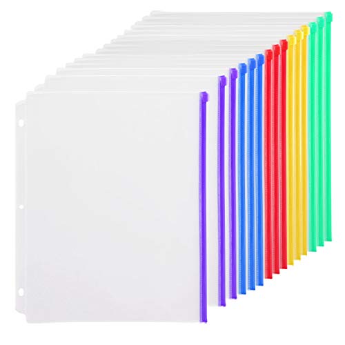YoeeJob 3 Holes Clear Zipper Binder Pocket Insert Pages Letter Size, 8 1/2 x 11 Loose Leaf Binder Filing Storage Bags 15 Per Pack，Multi-Color - color: Multi-color, size: 15 Packs