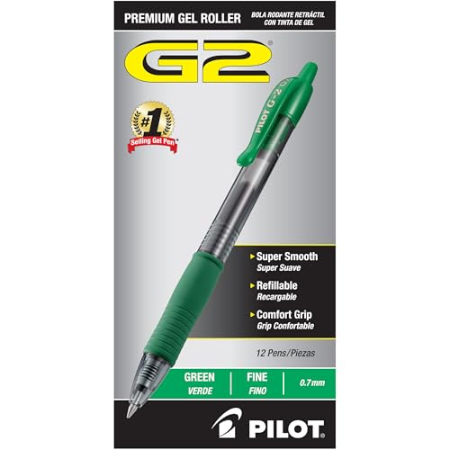 Pilot G2 Premium Gel Roller Pens, Fine Point 0.7 mm, Green Ink, Pack of 12 - Ideal for School, Journaling and Office Writing - color: Green