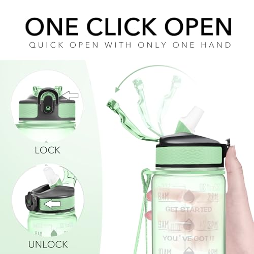 Hyeta Water Bottle with Straw & Time Marker, Plastic 32oz Leakproof | Motivational Tritan BPA Free Gym Office Outdoor Intake Tracker Hourly Reminder Straw Lid Carry Strap - color: Clear Green