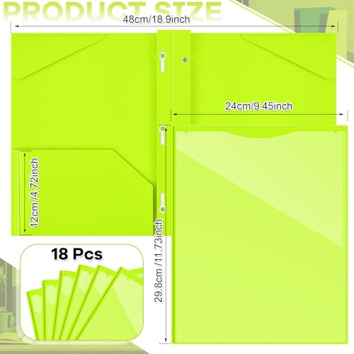 Henoyso 18 Pcs Plastic Folder with Clear Front Pocket and 3 Prong Plastic Folders with Card Slot Pocket Folders with Prongs for School Office (Fluorescent Green) - color: Fluorescent Green