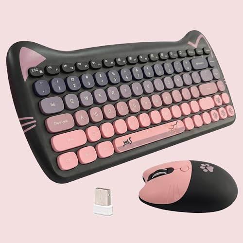 Cute Cat 2.4G USB Wireless Keyboard and Mouse Combo, Silent Keys, Candy Colors, Compatible with Notebook, PC (BlackPink-84Keys) - color: BlackPink-84Keys