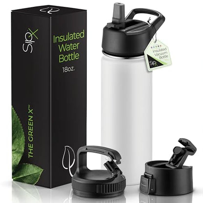 SipX™ 18 oz Insulated Water Bottle with 3 Lids – Leakproof Stainless Steel, Triple Insulated – Cold 24 Hours/Hot 12 Hours – Durable Bottle for School, Gym, Travel – White - color: White, size: 18 Ounces