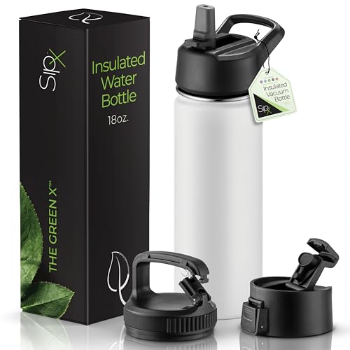 SipX™ 18 oz Insulated Water Bottle with 3 Lids – Leakproof Stainless Steel, Triple Insulated – Cold 24 Hours/Hot 12 Hours – Durable Bottle for School, Gym, Travel – White - color: White, size: 18 Ounces