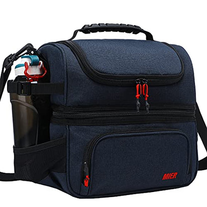 MIER Dual Compartment Lunch Bag Tote with Shoulder Strap for Men and Women Insulated Leakproof Cooler Bag, Dark Blue - color: Navy Blue