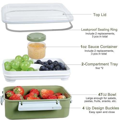 Shopwithgreen Set of 3 Salad Food Storage Container To Go, School & Travel,Food Prep Storage Containers with Lids (Khaki Green&Khaki Green&Khaki Green) | Food Storage Meal Prep Containers with Tray/Dressing Containers for Salad, Snacks,Fruit, BPA Free, Mi