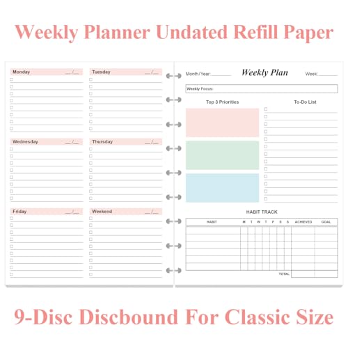 9 Disc Weekly Planner Undated Refills - Classic Size 53 Sheets/106 Pages Colorful Weekly Planner for Happy Planners Insert, 100 gsm White Paper, Lasts 1 Year, Undated, 7" x 9.25" - size: 1-Pack, style: 9-Disc/Classic Size