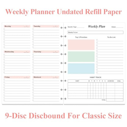9 Disc Weekly Planner Undated Refills - Classic Size 53 Sheets/106 Pages Colorful Weekly Planner for Happy Planners Insert, 100 gsm White Paper, Lasts 1 Year, Undated, 7" x 9.25" - size: 1-Pack, style: 9-Disc/Classic Size