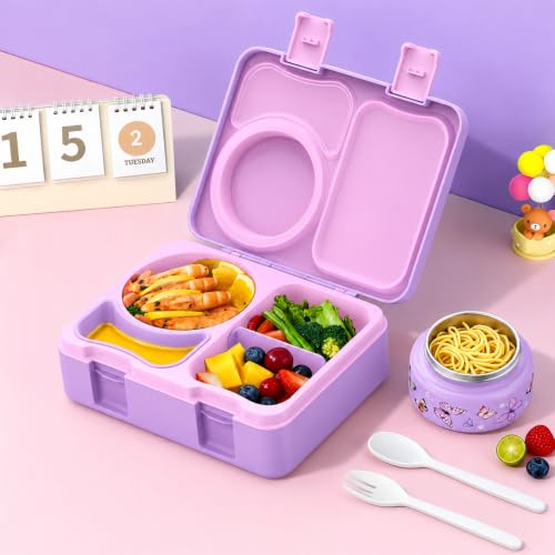 Kids Lunch Box with Thermo, Leakproof Bento Box for Kids with 8OZ Insulated Food Jar, Ice Pack, Sauce Cup, Utensils, Removable Tray & Dividers for School Daycare Travel (Butterflies) - color: Butterflies