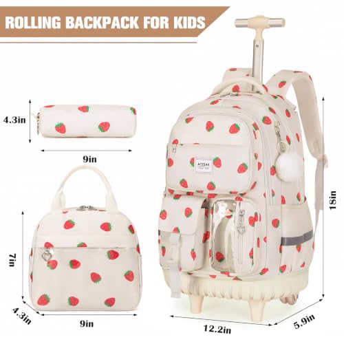ACESAK Rolling Backpack for Girls, Roller Backpack with Lunch Bag & Pencil Pouch for Teen Girls Kids, Bookbag Backpack with Wheels for Women Elementary Middle High School Travel (Beige Strawberry) - color: Beige Strawberry