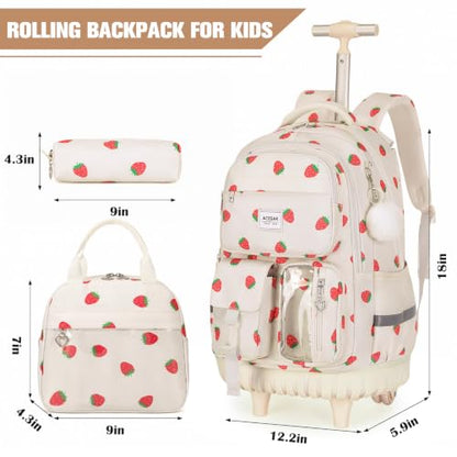ACESAK Rolling Backpack for Girls, Roller Backpack with Lunch Bag & Pencil Pouch for Teen Girls Kids, Bookbag Backpack with Wheels for Women Elementary Middle High School Travel (Beige Strawberry) - color: Beige Strawberry