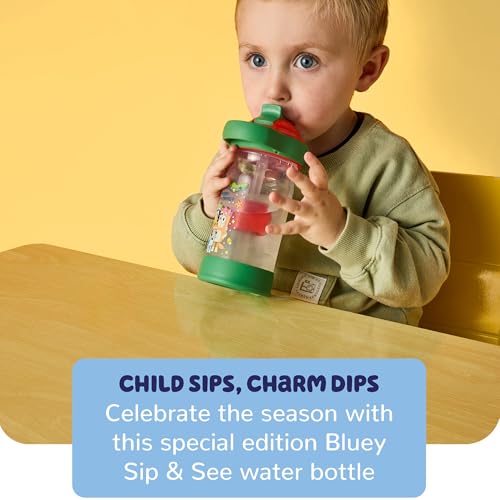 The First Years Sip & See Holiday Bluey Toddler Water Bottle - Includes Floating Charm - Spill Proof Toddler Cup with Straw - Dishwasher Safe with Flip Top Straw Cover - 13 Oz - style: Bluey Christmas