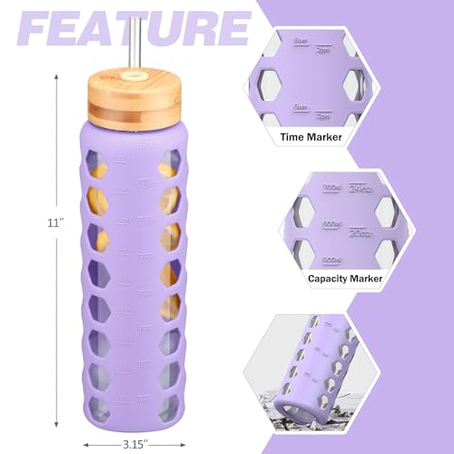 MUKOKO Glass Water Bottle, 32oz, Purple | Glass Tumbler with Straw, Drinking Bottles with 2 Lids-Handle Spout Lid & Bamboo Straw Lid, Silicone Sleeve, 1 Pack - color: Purple, size: 32 Ounces