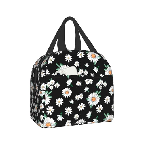 Daisy Flowers Print Insulated Lunch Bag White Floral Lunch Box Containers for Students Teens Adult School Reusable Soft Meal Tote Bag Flowers Plant Black Lunchbox for Work Office Picnic 8.5x5x8inch - color: daisy flower