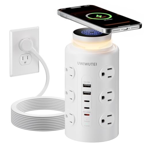 Tower Power Strip Surge Protector with Wireless Charging & Night Light - PD20W Fast Charging Station,12 Outlets, 5 USB (3 USB-C),1800J Protection, 6FT Extension Cord, Home Office Essentials(White) - color: White, size: 6FT with Night Light & Wireless Char