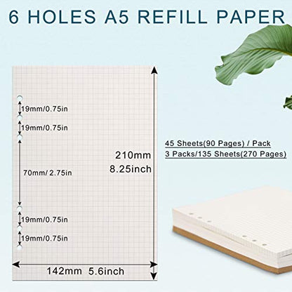 Toplive [3 Pack] A5 Refill Paper - 100GSM Thick 6 Hole Filler Inserts, 135 Sheets (270 Pages) for 6 Ring Binder Journal Notebook, Squared - style: 3Pack Grided Paper