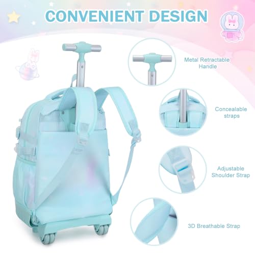 FIXITOK Rolling Backpack for Girls, Kawaii Bunny Roller Wheels School Backpacks with Lunch Bag Pencil case, Wheeled Suitcase Bookbag for Elementary Travel Dreamy Aquamarine - color: Dreamy Aquamarine