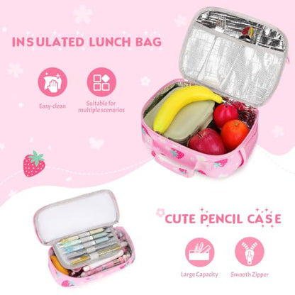 Kids Backpack for Girls 4-8, Cute 3D Plush Strawberry Toddler Backpack with 34oz Lunch Box, Insulated Bag, Pen Case & Utensils, School Bookbag for Preschool Kindergarten Elementary Student - color: Strawberry