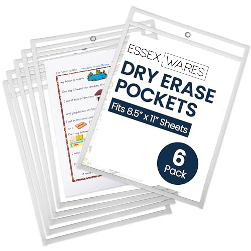 Essex Wares - 6 Pack, White, Dry Erase Pocket Document Protectors, 10" Wide x 13.5" Tall - Dry Erase Clear Plastic Sleeves - Reusable & Easy Erase Plastic Invoice Holders, Water-Resistant & Durable - color: White