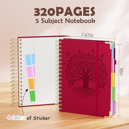 QIYVLOS Hardcover Spiral Notebook, B5 Journal with Removable Dividers Tabs, 5 Subject Notebook College Ruled, 320 Pages 8"x10" Leather Notebooks for Work School Study, Lined Journal for Women, Red - color: B5/Red