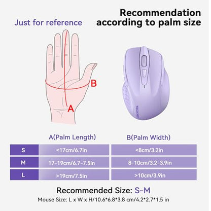TECKNET Wireless Mouse, BT 5.0/2.4G, Rechargeable 6-DPI Silent, Lavender | Bluetooth 5.0/3.0 & USB A, 2-Device Easy Switch, Wide OS Compatible, 6 Buttons, 6-DPI up to 4800, Ergonomic for S to M Hands - color: Lavender