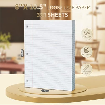 390 Sheets Loose Leaf Paper 8" x 10.5" Filler Paper College Ruled 3-Hole Punched Lined Paper Notebook Paper for 3-Ring Binders Notepad Writing Note Pads Ideal for Home, School, Office - color: White - 3 Pack