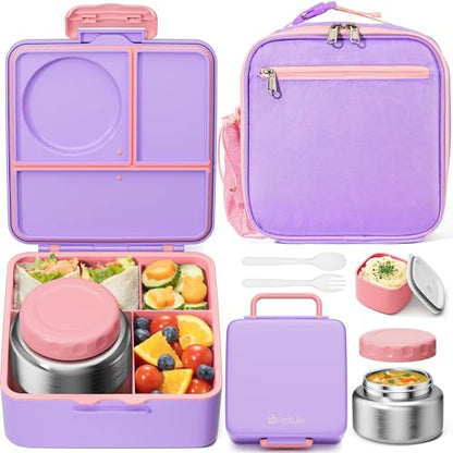 Fimibuke Bento lunch Box Set for Kids Adult with 8oz Insulated Food Jar, Lunch Bag & Sauce Cup, Leakproof Dishwasher Safe Toddler Lunch Food Container with 3-4 Compartment for School Girls Boys - color: A5.Purple & Pink