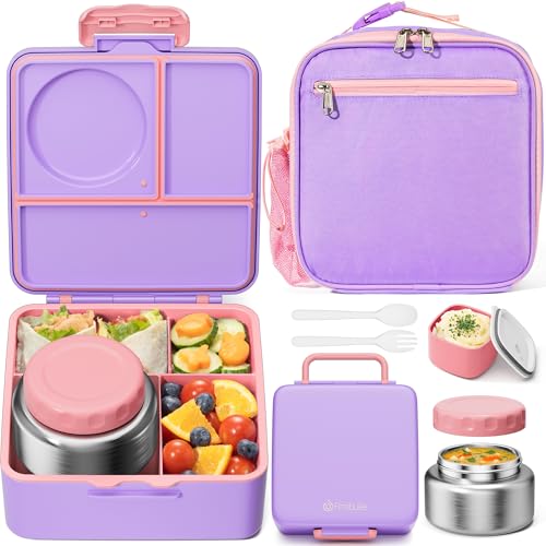 Fimibuke Bento lunch Box Set for Kids Adult with 8oz Insulated Food Jar, Lunch Bag & Sauce Cup, Leakproof Dishwasher Safe Toddler Lunch Food Container with 3-4 Compartment for School Girls Boys - color: A5.Purple & Pink
