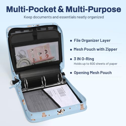 SUNEE Zipper Binder 3 Ring, 3 Inch O-Ring with Handle and Shoulder Strap, 600-Sheet Capacity, 5-Tab Expanding File Folder, Multi-Pockets for Middle School Organizer Binder with Zipper, Blue Dog - color: Blue Dog
